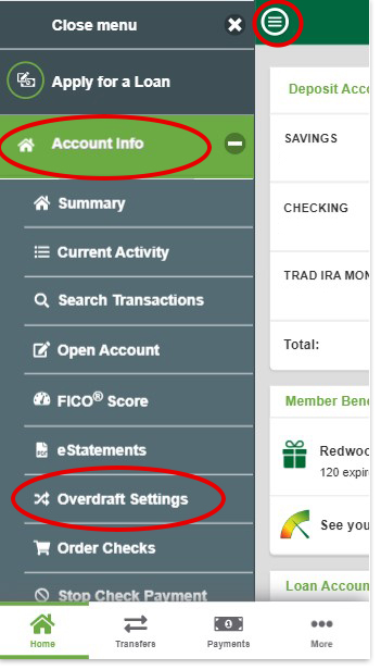 Overdraft transfer settings mobile