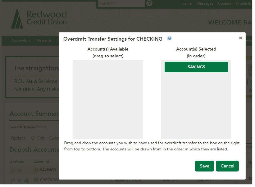 Overdraft transfer settings desktop: Accounts available